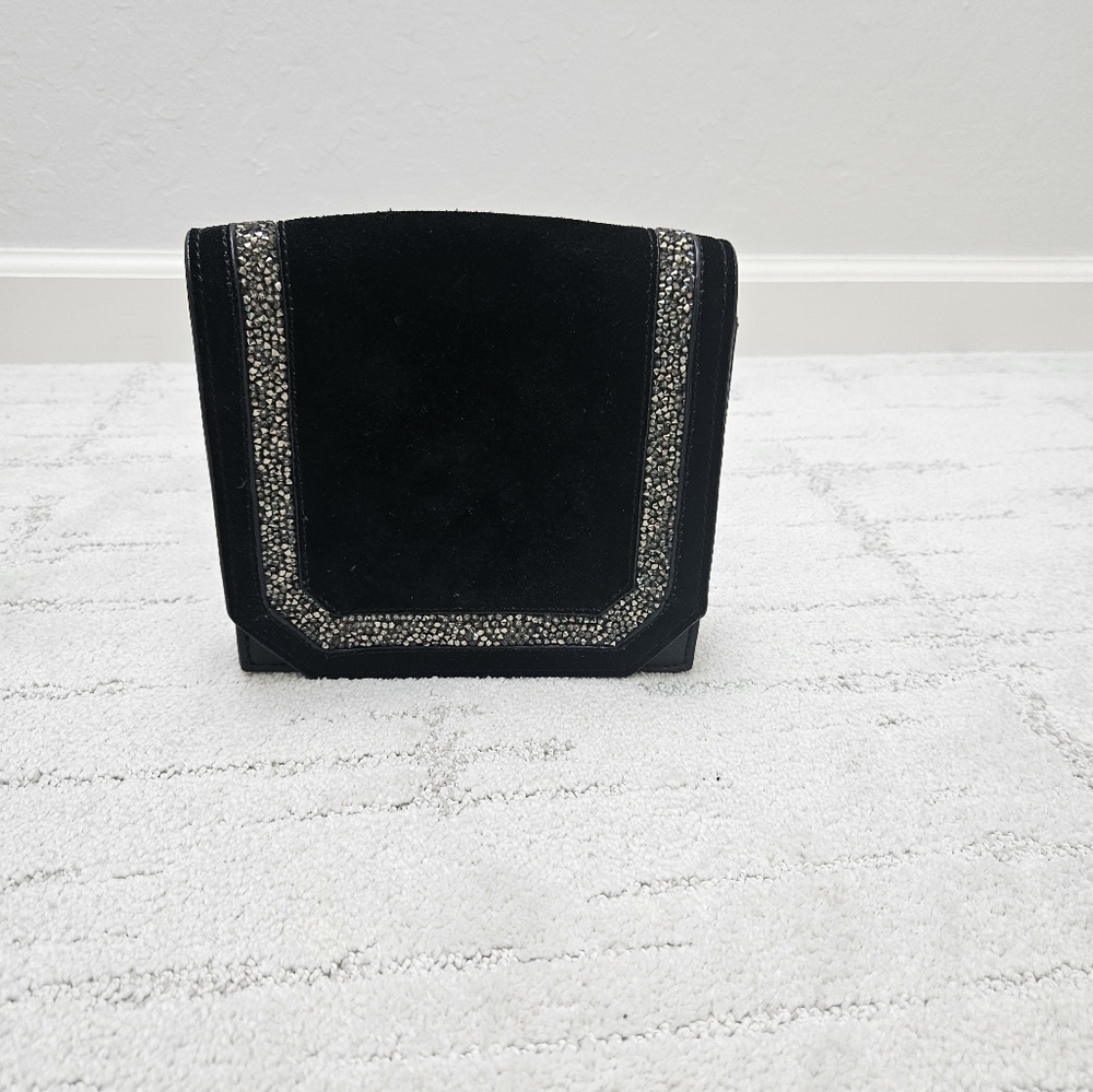 BCBGMaxAzria evening bag metal chain sueds sequin detail Black